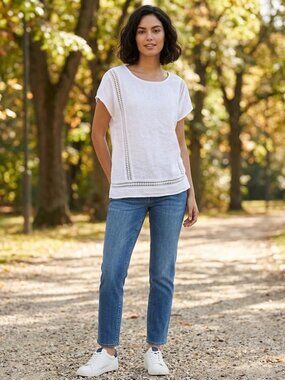 Alessia Pacini White Lace Trim Woven Scoop Neck Blouse Medium